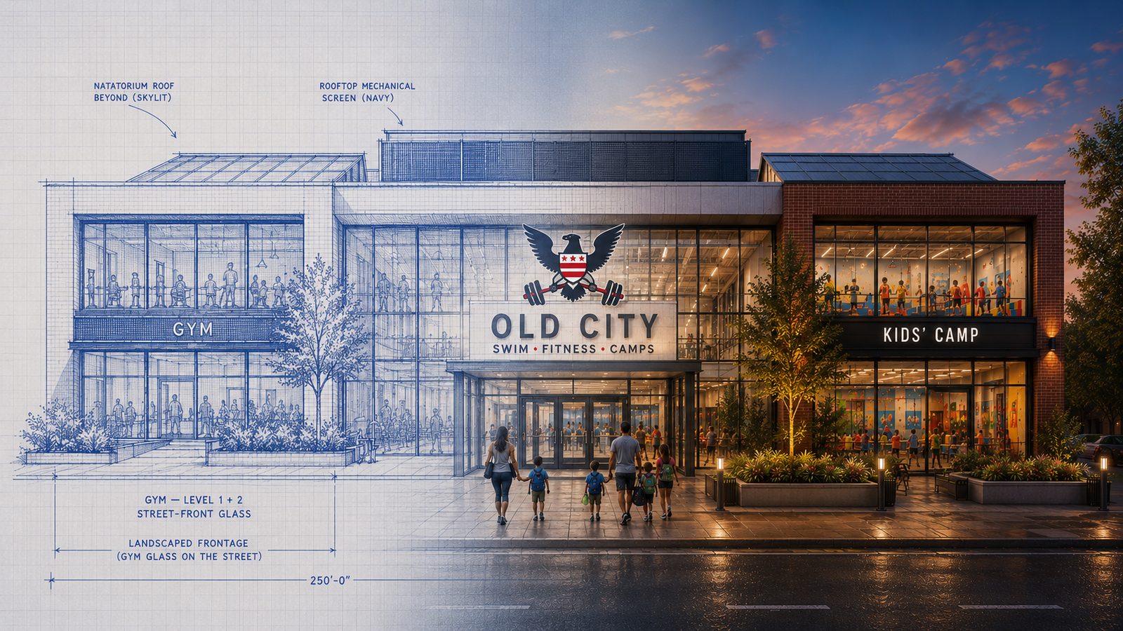 Blueprint transforming into the finished Old City facility